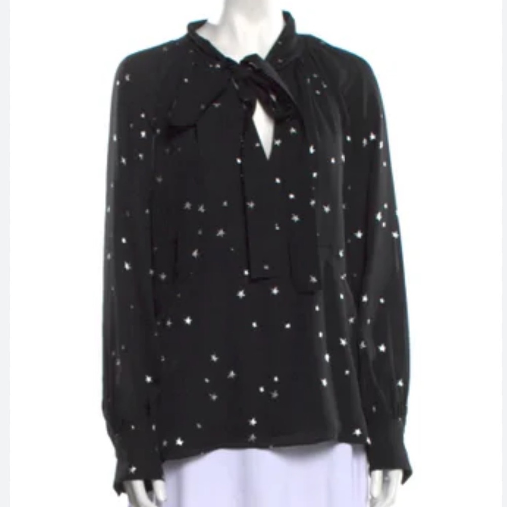 Tory Burch silk blouse silver metallic stars with fluted sleeves